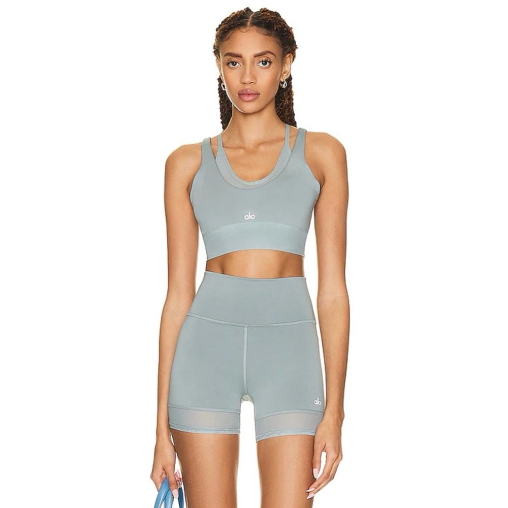 ALO Yoga Airlift Double Trouble Bra Biker Shorts Set Cosmic Grey XS Women's EUC